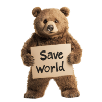 Cute Plush Bear Holds Sign with 'Save World' Message for Environmental Conservation png