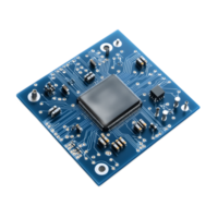 Closeup view of an electronic microchip circuit board with intricate design and digital components png