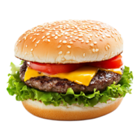 Freshly prepared gourmet-style cheeseburger with lettuce and tomato served on sesame seed bun for tasty and savory lunch or dinner png