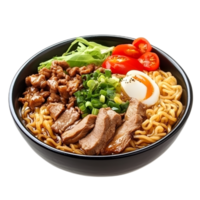 Appetizing Noodle Dish with Fresh Vegetables and Meat in a Bowl on Solid Background png