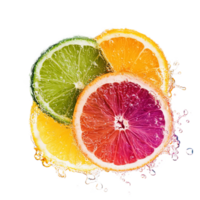 Refreshing Citrus Medley with Vibrant Fruit Slices and Splashing Water png