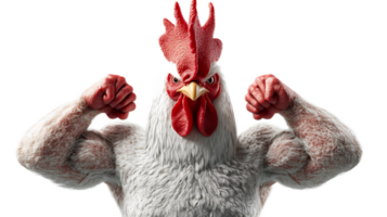 Powerful Rooster Flexing Arms in Fighting Pose Symbolizing Strength and Aggression png