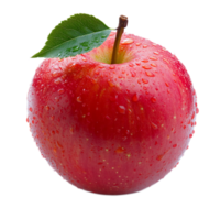 Shiny Red Apple with Water Droplets and Green Leaf on White Background png