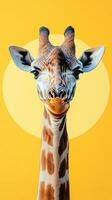 Giraffe portrait against vibrant yellow background showcasing serene expression and unique features photo