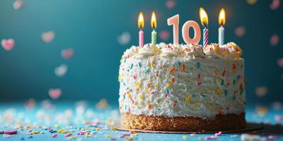 Celebrate milestone with a decorated birthday cake featuring candles and colorful sprinkles for a 10th birthday party photo