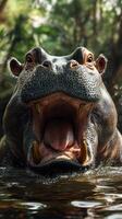 Hippopotamus opens its mouth wide while submerged in a lush river environment during the afternoon light photo