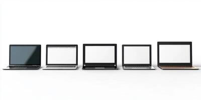 Multiple laptops arranged in a row on a minimalist desk showcasing various styles and colors in a clean workspace setting photo