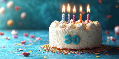 Celebrating a joyful 30th birthday with a beautifully decorated cake and colorful candles photo