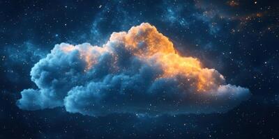 Dramatic cloud illuminated by celestial light in a starry night sky over an ethereal landscape filled with cosmic elements photo