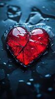 Heart-shaped ice with cracks resting on a dark surface surrounded by water droplets photo
