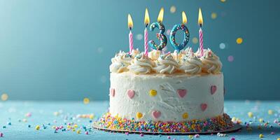 Celebrate a special milestone with a beautifully decorated 30th birthday cake adorned with candles and colorful sprinkles photo