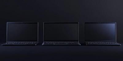 Three black laptops positioned on a dark background with empty screens showcasing minimalist design and modern technology photo