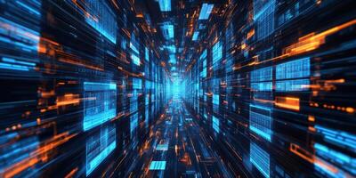 Dynamic abstract representation of data flow in a digital environment with vibrant hues at night photo