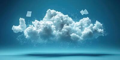Creative digital cloud with floating documents and abstract elements in a blue backdrop photo