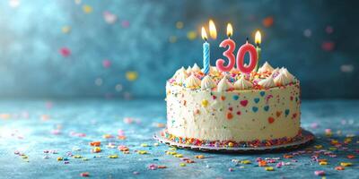 Celebration of a 30th birthday with a colorful cake adorned with candles and sprinkles photo