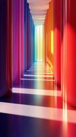 Vibrant corridor illuminated by colorful light and reflections creates a captivating atmosphere in a modern space photo