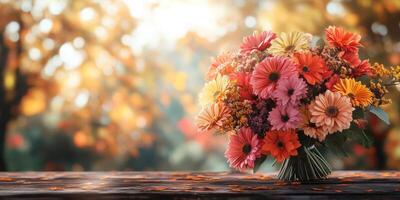 Colorful bouquet of flowers on a wooden table with autumn leaves in the background photo