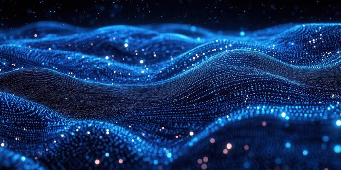 Vibrant digital waves of light representing data flow in a futuristic landscape at night photo