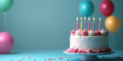 Colorful birthday cake with candles and festive balloons on a vibrant background photo