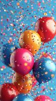 Bright balloons float amidst colorful confetti raining down in a celebration setting photo