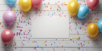Colorful balloons and confetti create a festive atmosphere for celebration with empty space for message photo