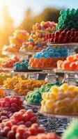 Colorful candy display during sunset at an outdoor event highlighting various sweets in ornate glass serving trays photo