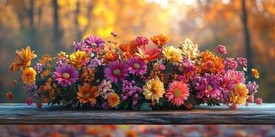 Colorful autumn flower arrangement on a wooden surface with a blurred forest background photo