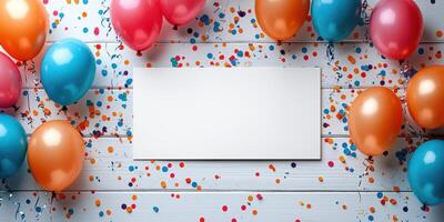 Colorful balloons and confetti surrounding a blank card on a wooden table for a festive celebration photo