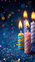 Colorful birthday candles glowing softly on a festive table with sparkling confetti and vibrant decorations photo