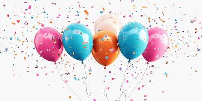 Colorful balloons floating amid a shower of confetti celebrating a joyful occasion indoors photo