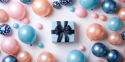 Colorful balloons surround a beautifully wrapped gift for a festive celebration photo
