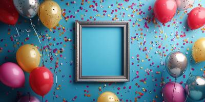 Colorful celebration with balloons and confetti surrounding an empty picture frame against a vibrant blue background photo