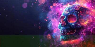 Colorful decorated skull surrounded by swirling smoke and vibrant light at a cultural celebration photo
