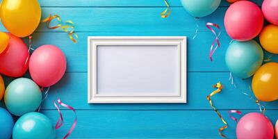 Colorful balloons and a blank frame create a festive atmosphere for celebrations on a vibrant blue wooden surface photo