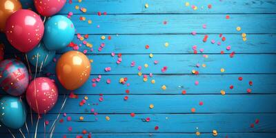 Colorful balloons and confetti create a festive atmosphere on a vibrant blue wooden surface for a celebration photo