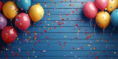 Colorful balloons and confetti create a festive atmosphere for a celebration or party on a blue wooden background photo
