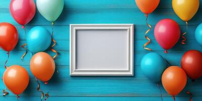 Colorful balloons surround an empty frame on a blue wooden background for a festive celebration photo