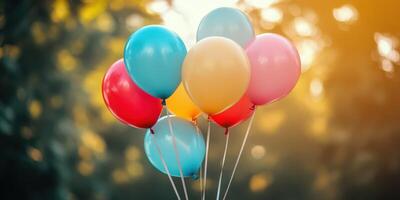 Brightly colored balloons floating together in a lush green park on a sunny day during a festive gathering photo