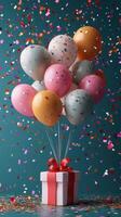 Colorful balloons and a gift box with confetti create a festive atmosphere celebrating a joyful occasion photo