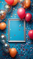 Colorful celebration backdrop featuring empty frame, balloons, and confetti for festive occasions photo