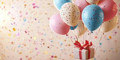Festive celebration with colorful balloons and a gift box surrounded by confetti at a joyful event photo