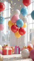 Colorful balloons and presents brighten up a festive celebration in a cheerful indoor setting photo