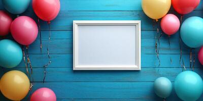 Colorful balloons surround an empty frame on a bright blue wooden surface ready for a celebration or event photo