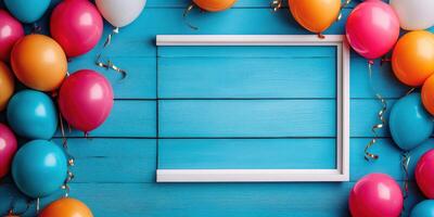 Colorful balloons surrounding an empty white frame on a bright blue wooden background for celebrations and events photo