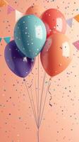 Colorful balloons with confetti create a festive atmosphere for a celebration or party decoration photo