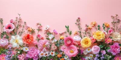 Colorful floral arrangement with various blossoms on a soft pink background in a creative display photo