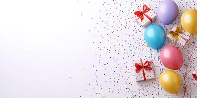 Colorful balloons and gifts create a festive atmosphere for a joyful celebration or birthday party in a bright setting photo