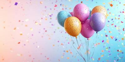 Colorful balloons float amidst vibrant confetti in a festive celebration photo