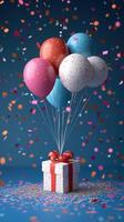 Colorful balloons and gift box create a festive atmosphere during a celebration party photo