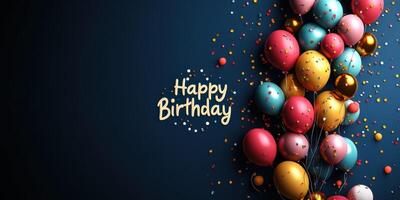 Colorful balloons and confetti create a festive atmosphere for a birthday celebration with a dark background photo